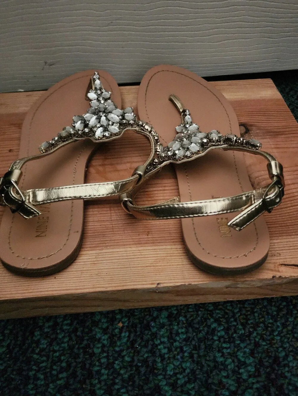 Embellished Gold T-Strap Sandals - Women